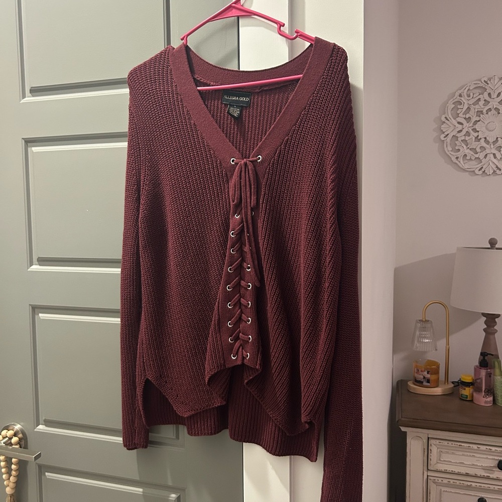 V-Neck Burgundy Sweater with Lace-Up Front
